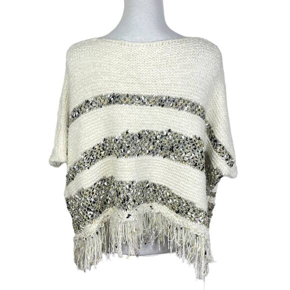 Moth | Anthropologie NWT White Soft Chunky Knit Metallic Stripe Fringe Sweater - Picture 2 of 12
